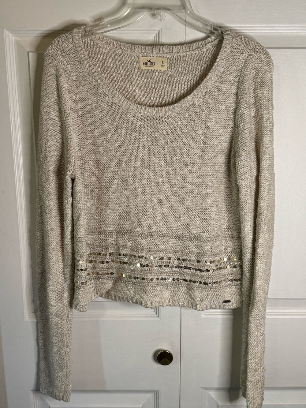 Hollister Cream Sequin-Hem Scoop Neck Sweater